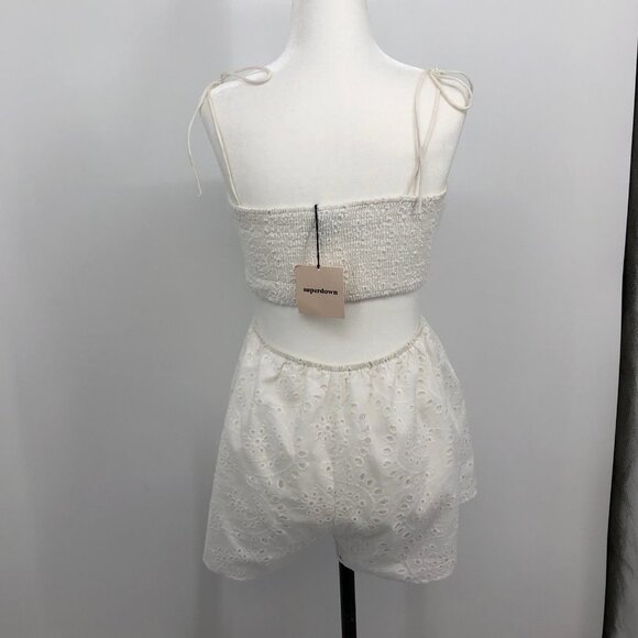 Superdown NWT White Ruth cutout romper eyelet cotton shorts shirred  crop top SP - Picture 14 of 16